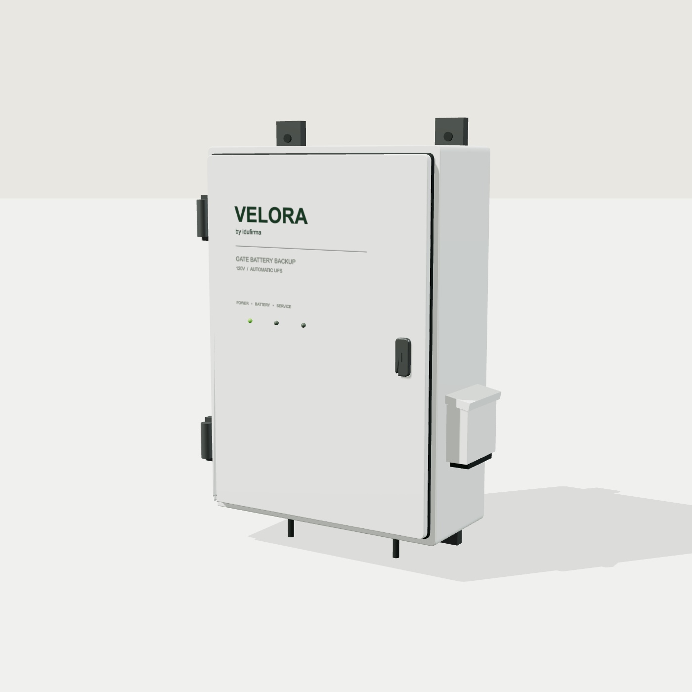 Illustrative studio image of the VELORA gate battery backup cabinet